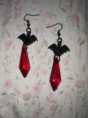 Custom Made Black Bat and Red Crystal Drop Earrings for Women